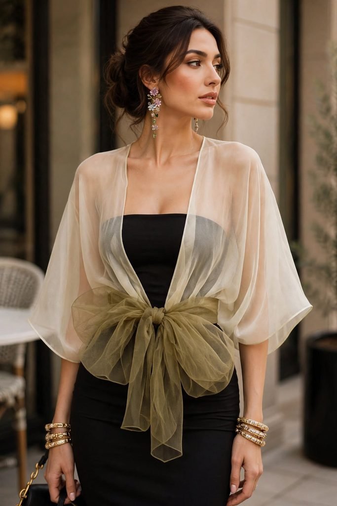Woman wearing black strapless bodycon maxi dress with sheer organza bow kimono holding black designer saddle bag and black heels standing outside cafe