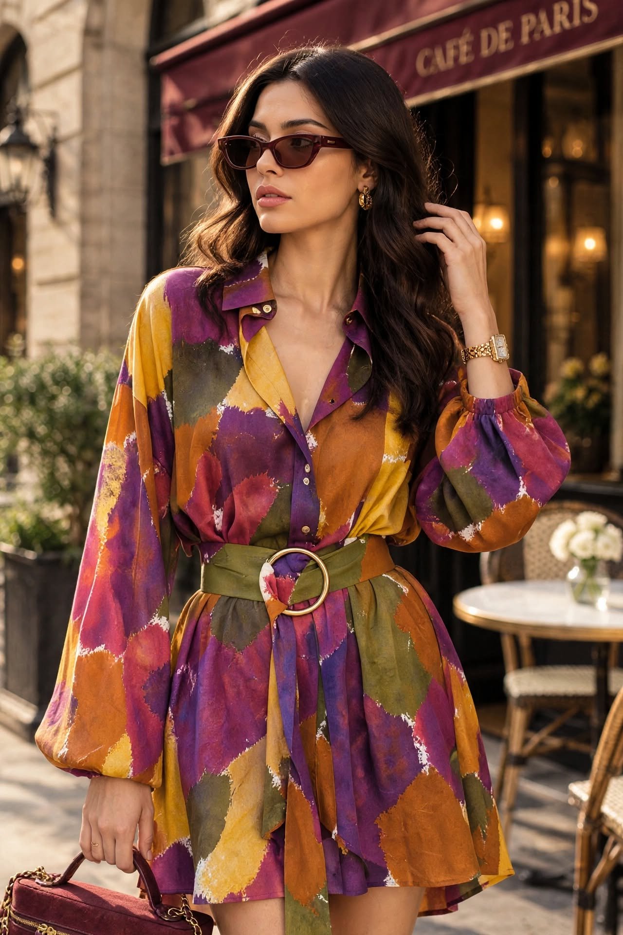 Parisian Brunch Outfit with Burgundy Bag & Bow Heels