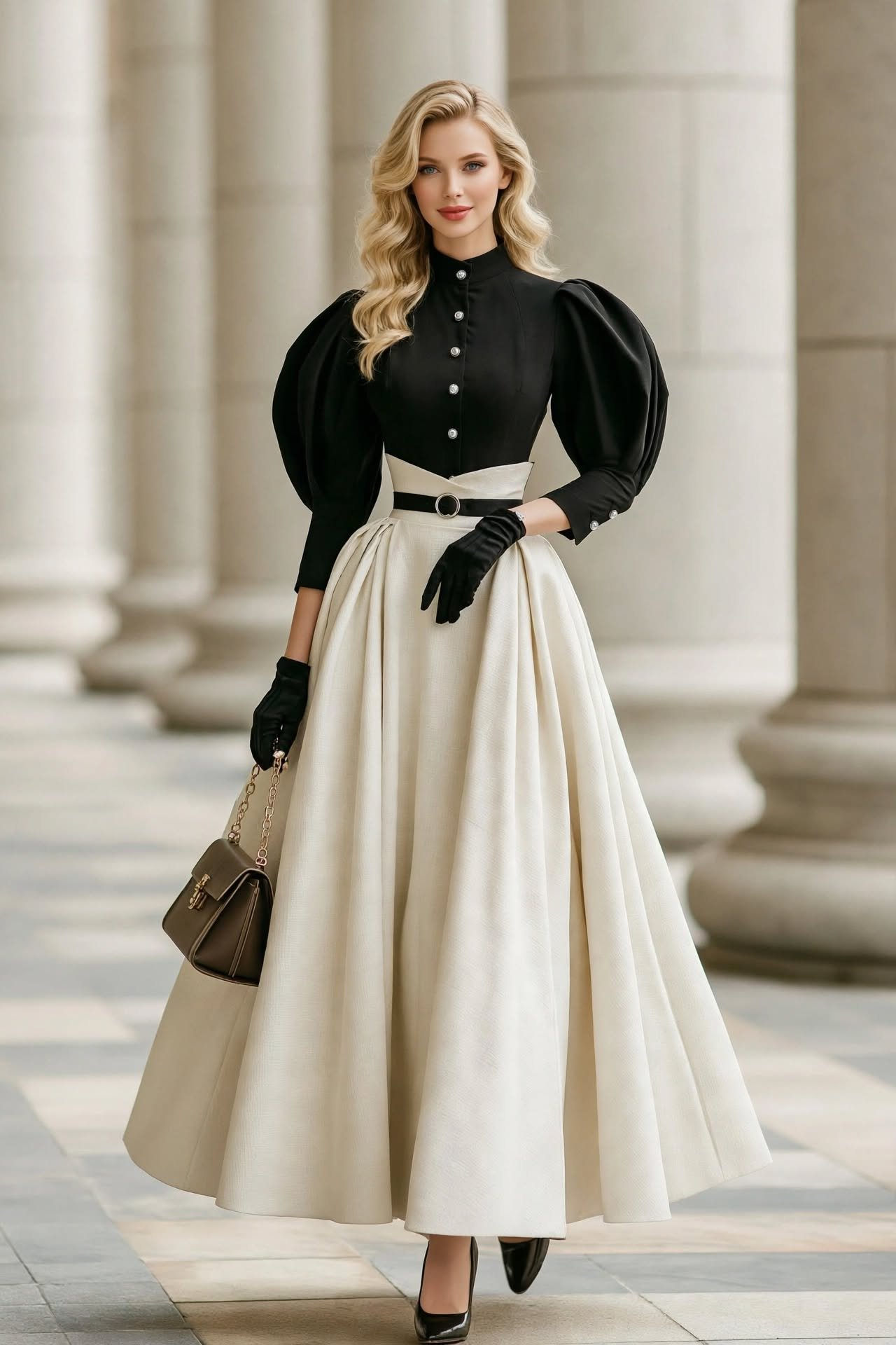 Black Victorian Blouse & Cream Pleated Maxi