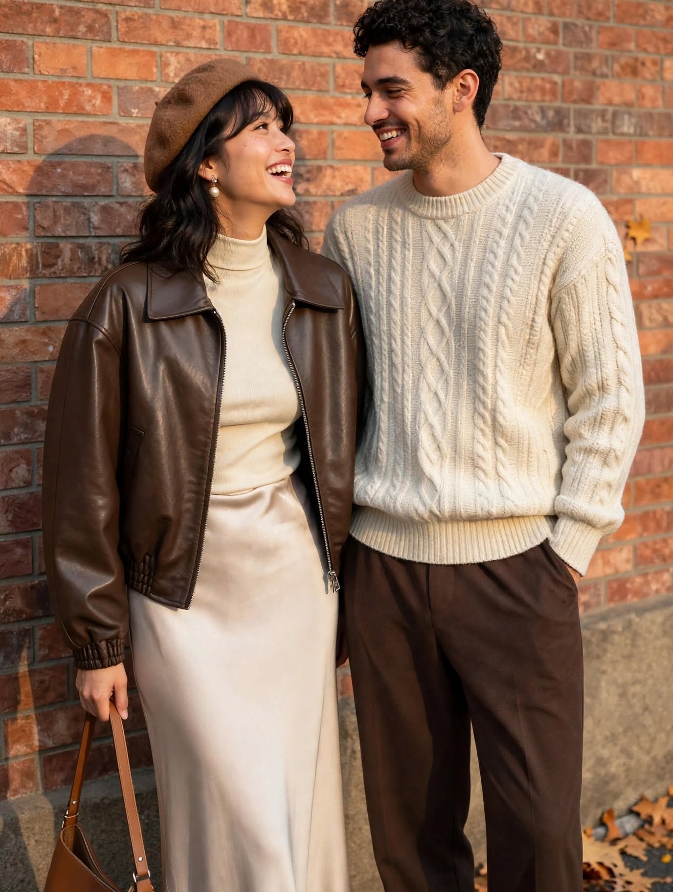 Couple Intimate Gaze – Brown Beret & Leather Bomber Look