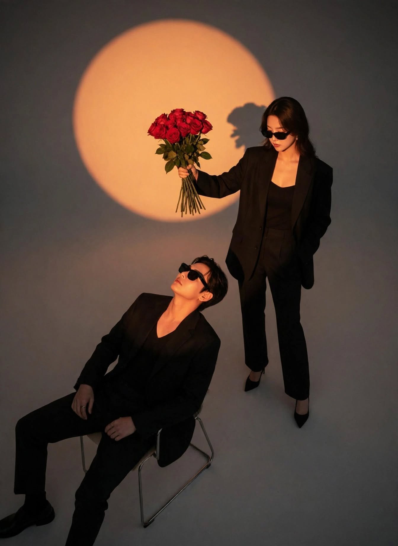 Black Suit Couple Photoshoot | Red Roses Spotlight Aesthetic | Cool Pre-Wedding Poses