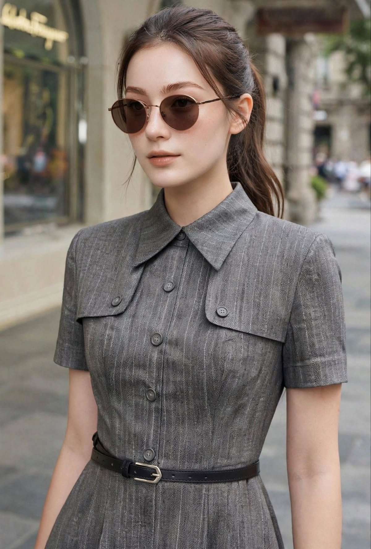 Grey Pinstripe Belted Midi Dress