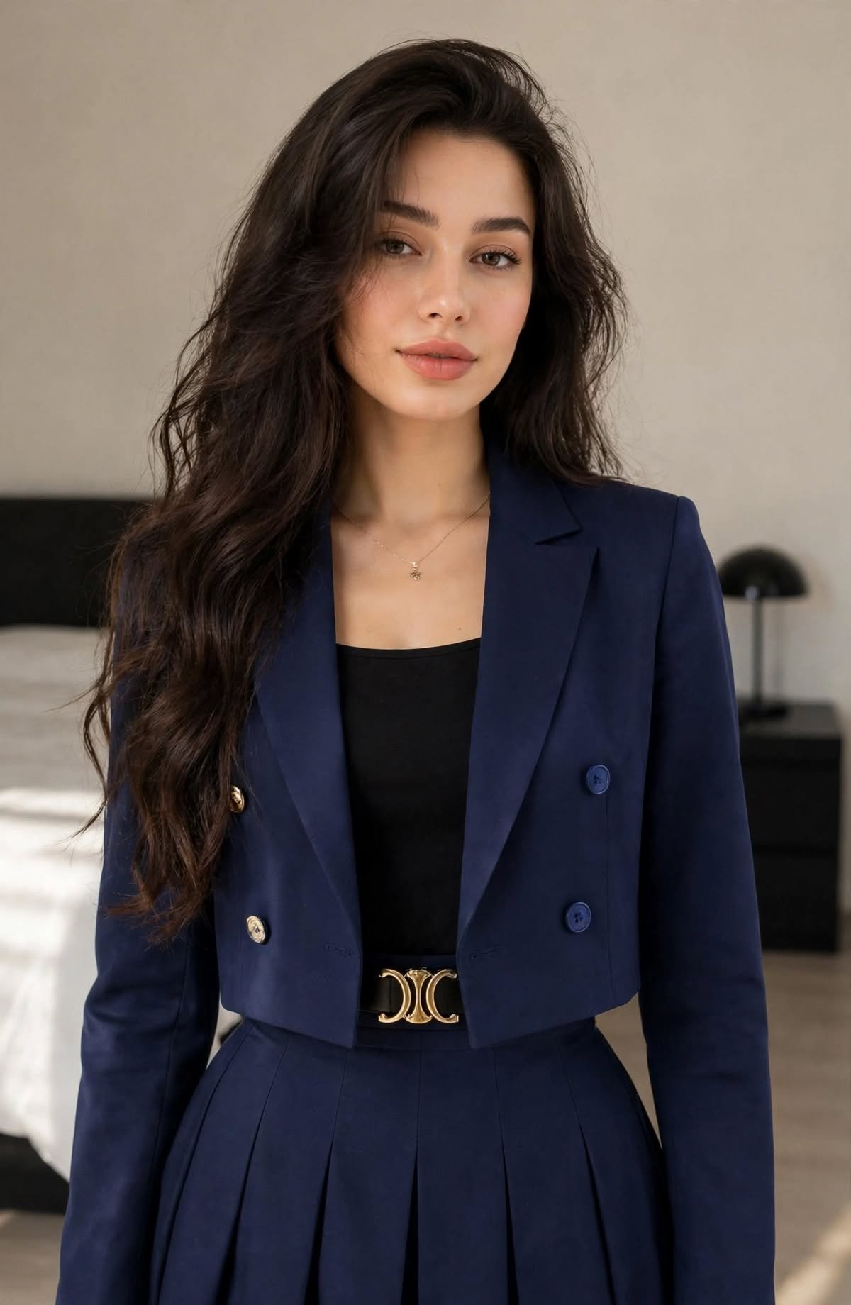 Navy Cropped Blazer & Pleated Midi  Elegance