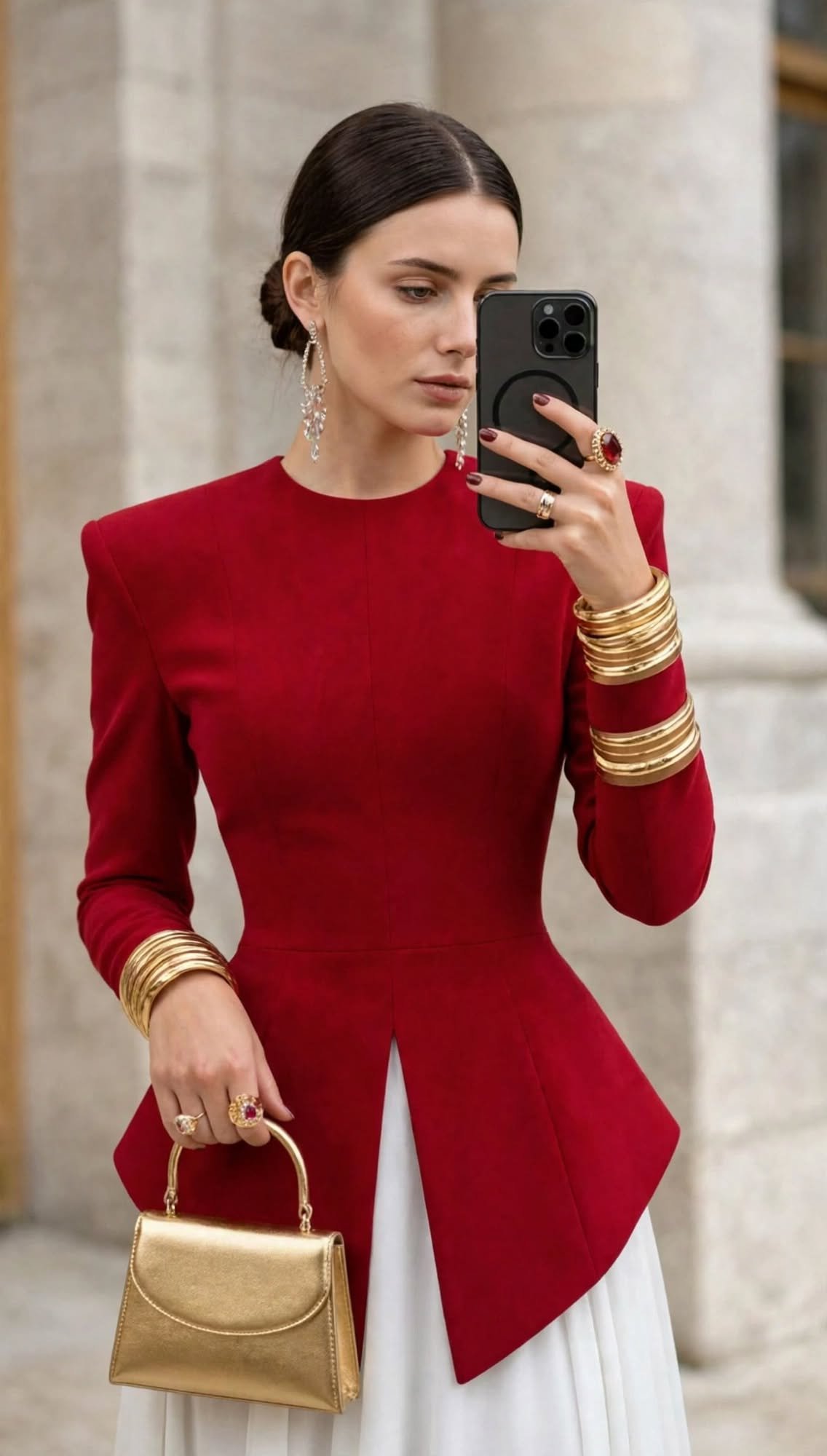 Royal Elegance – Red Peplum & White Flare