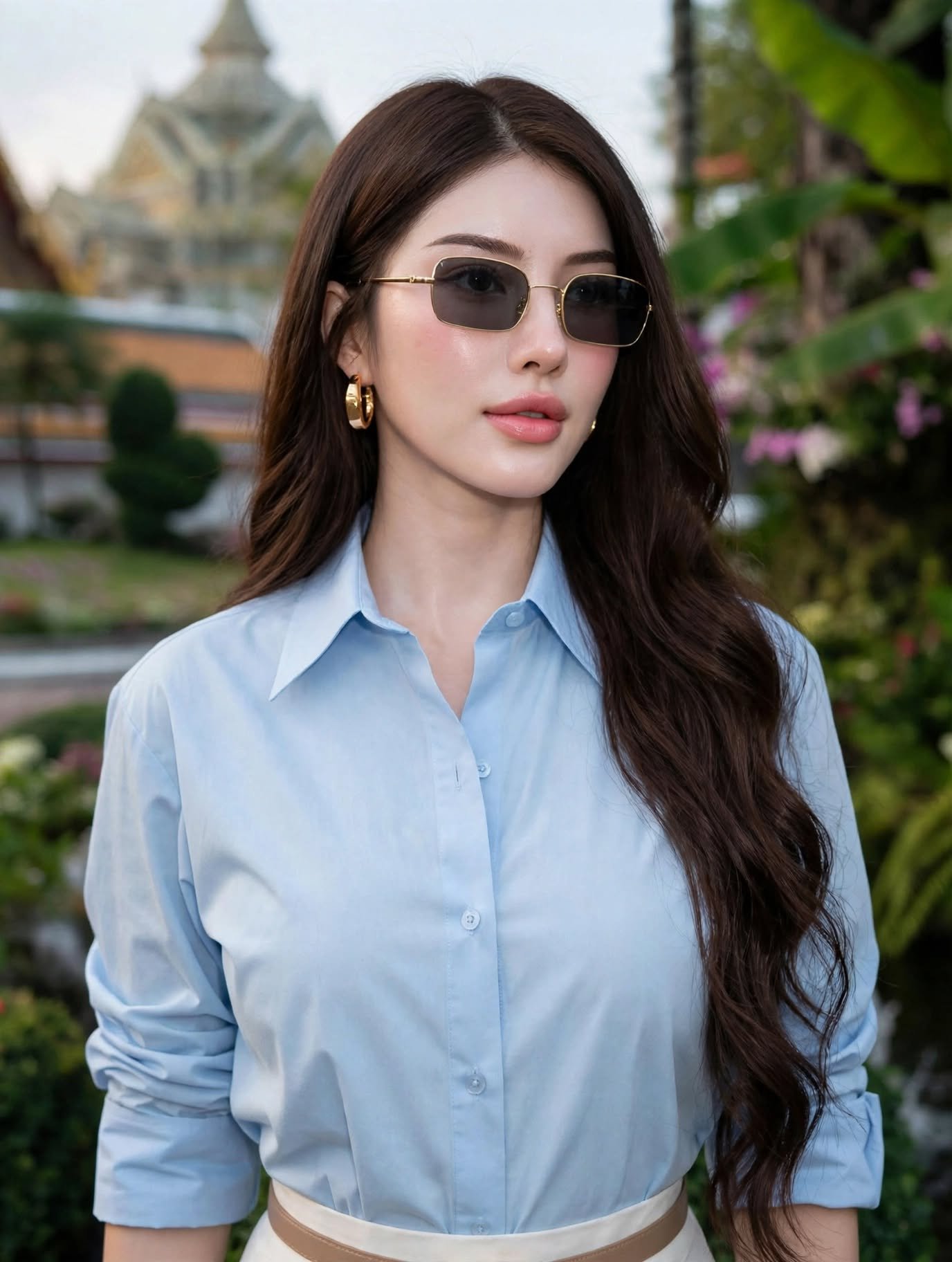  Light Blue Shirt White A-Line Midi Skirt 