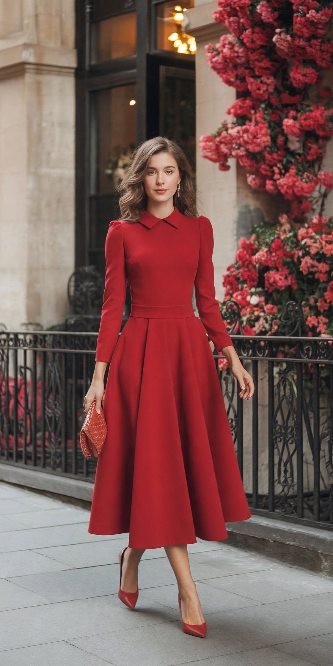 Vintage Red Pleated Midi Dress