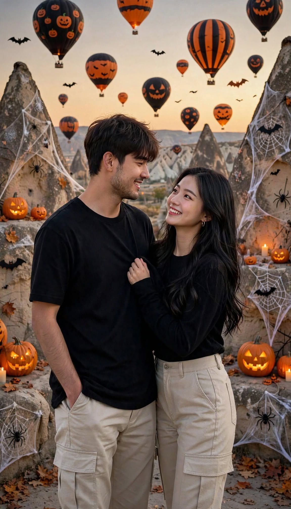 Halloween in Cappadocia: Couple with Pumpkin Hot Air Balloons, Jack-O-Lanterns & Full Moon