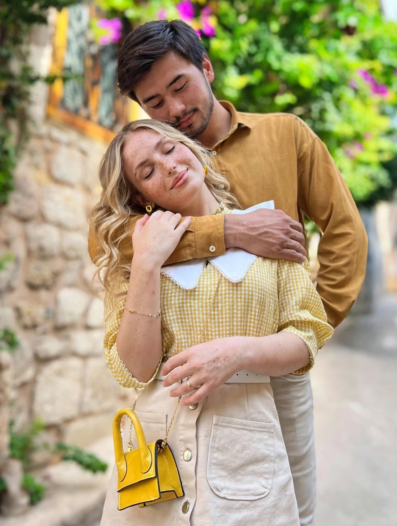 Romantic Stone Alley Couple – Yellow Gingham Cottagecore Look