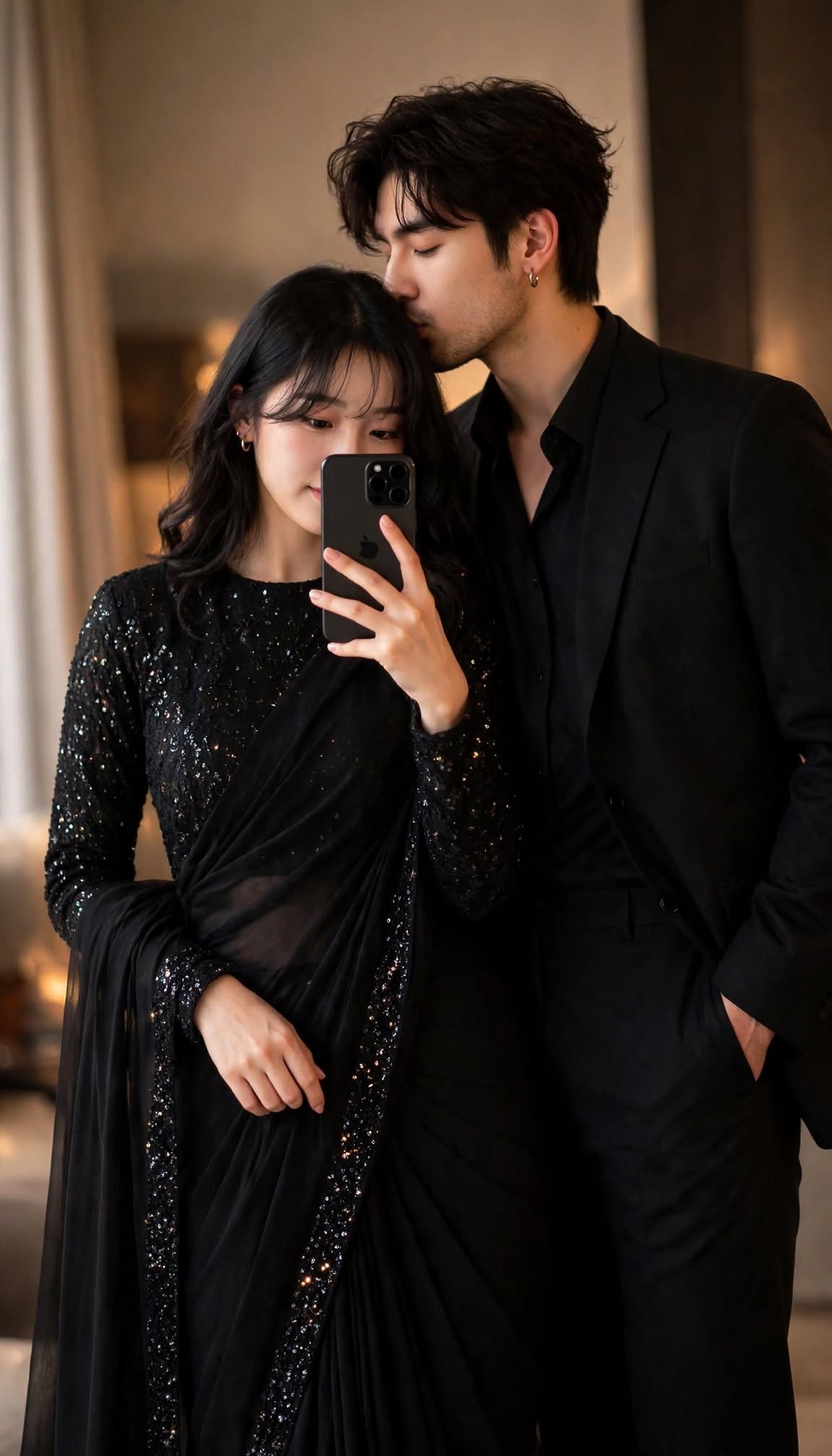 Black Sequin Saree Couple Love Moment