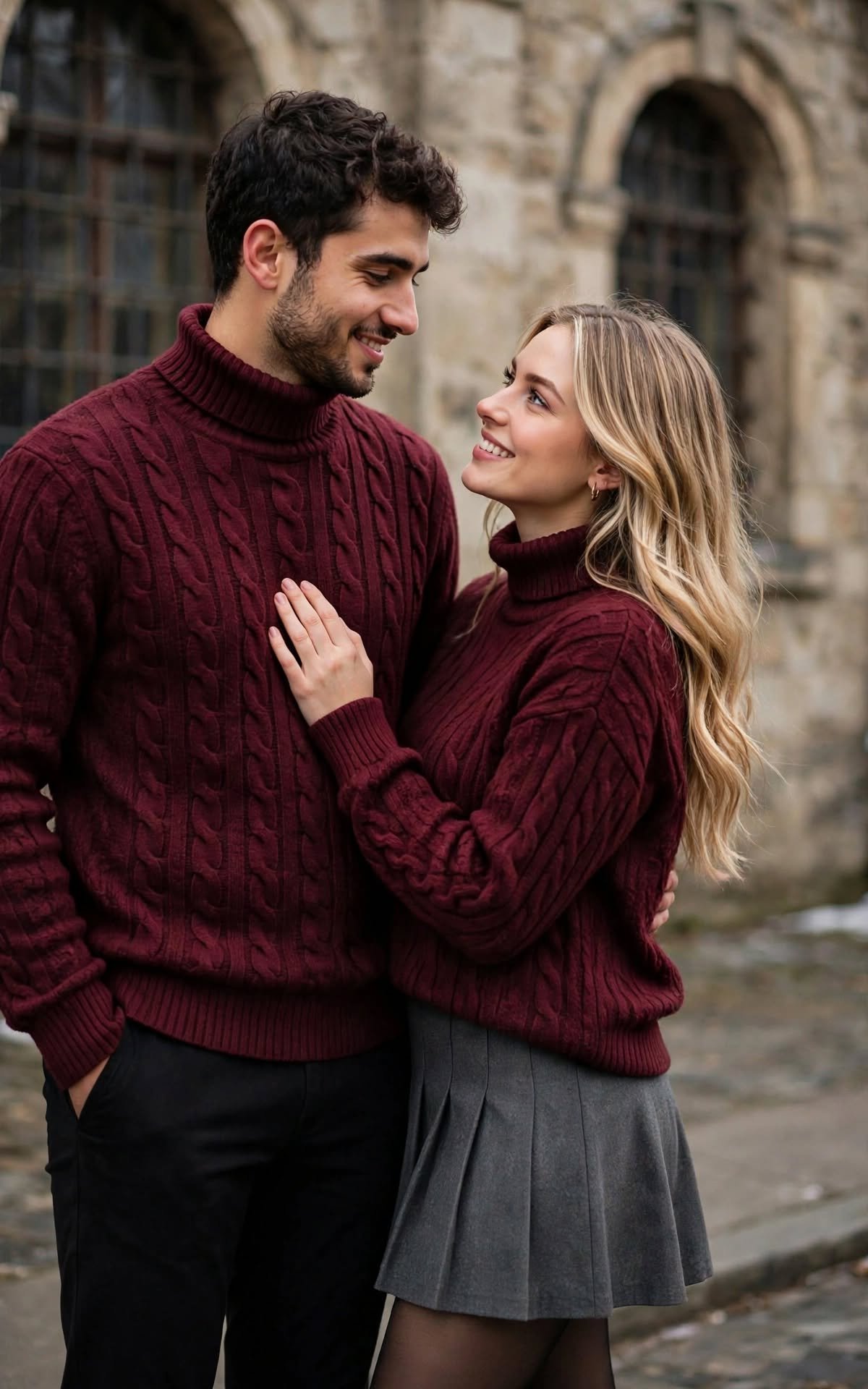 Romantic Winter Couple Close-Up – Matching Burgundy Cable Knit
