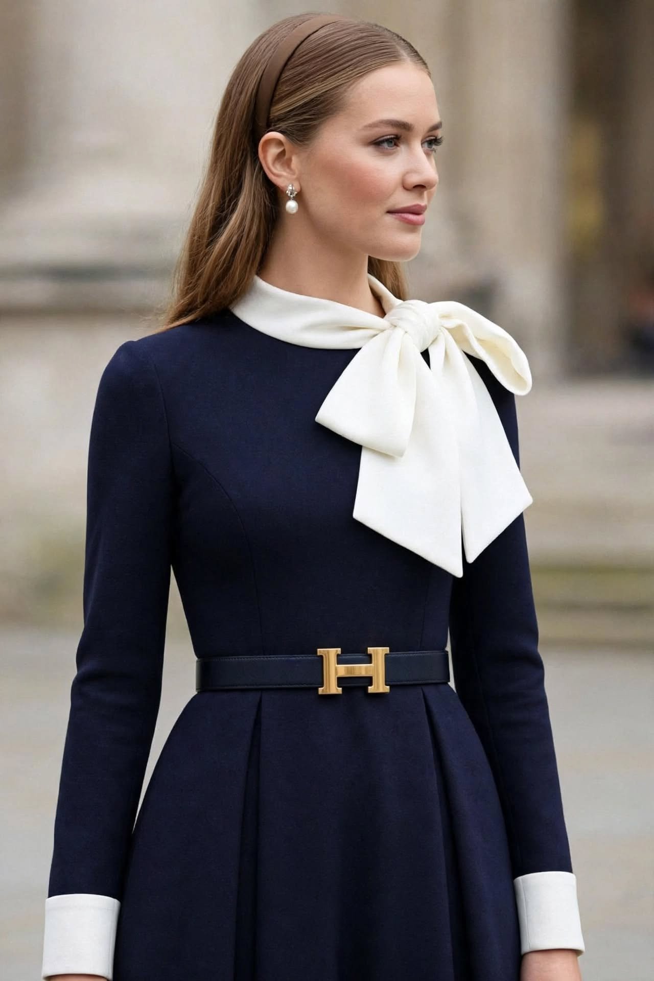 Navy Blue Midi Dress  Elegant White Bow Detail